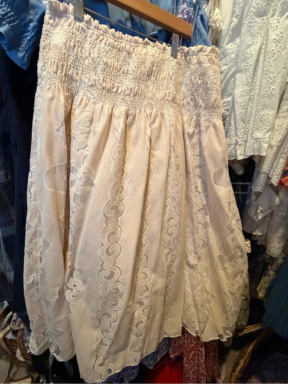 Loeffler Randall Cream Embroidered Smocked Waist Skirt
